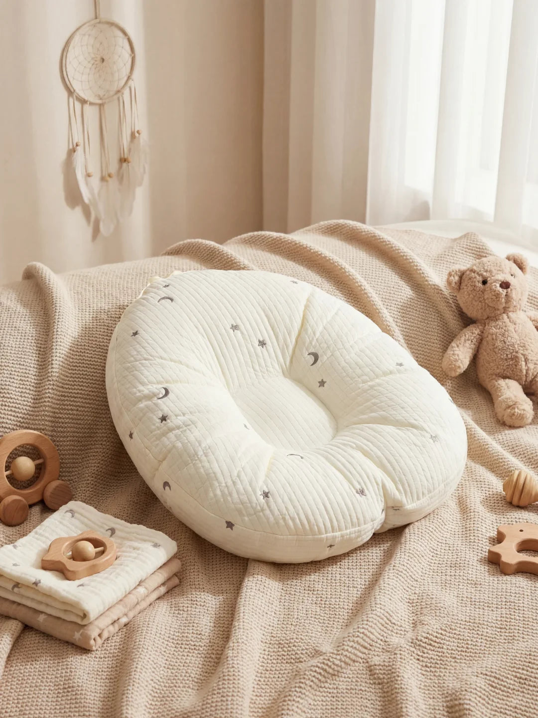 Coussin d'allaitement écru avec broderies lunes et étoiles grises posé sur un lit