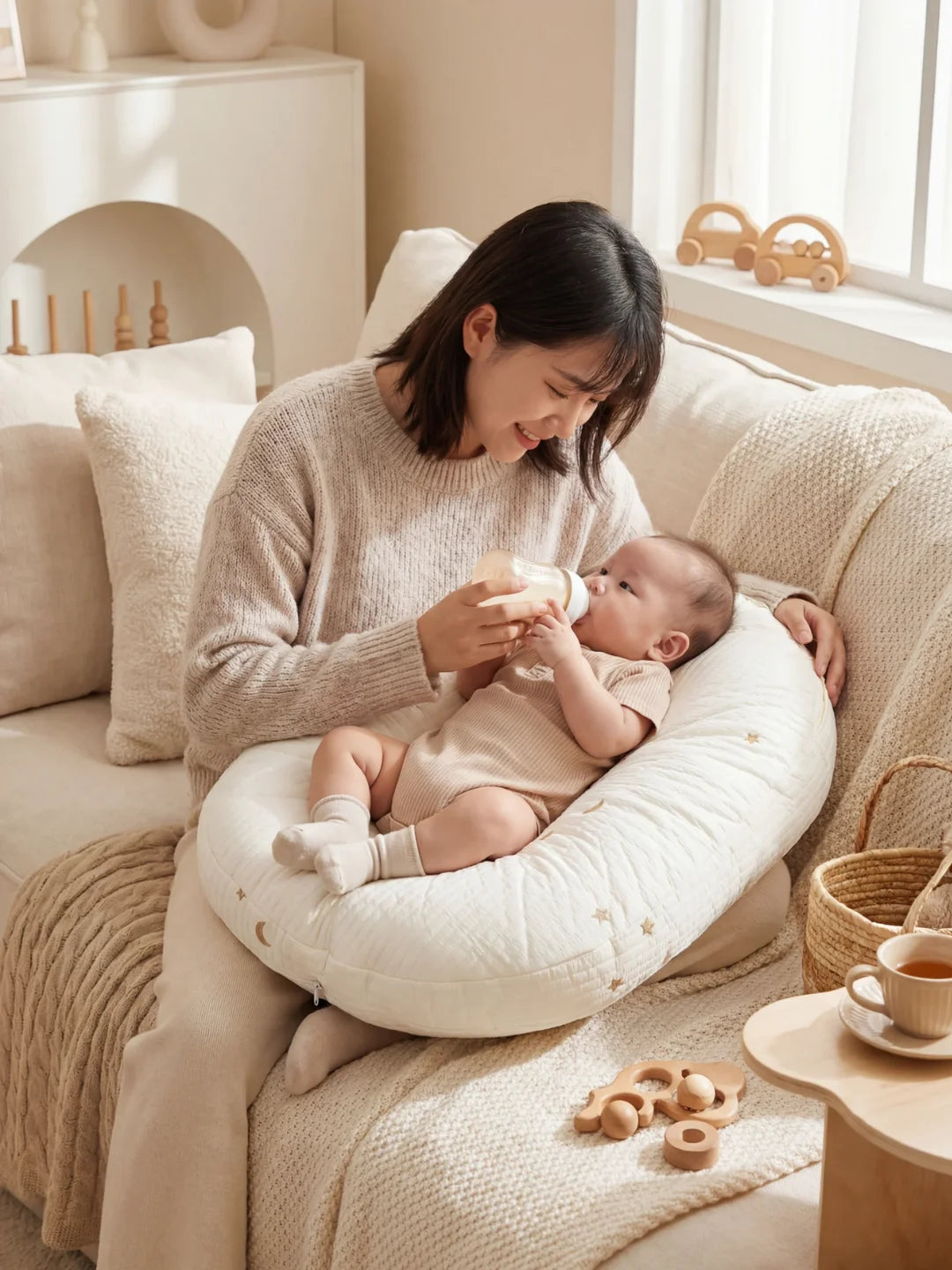 Maman souriant en donnant le biberon à bébé dans un coussin d'allaitement matelassé