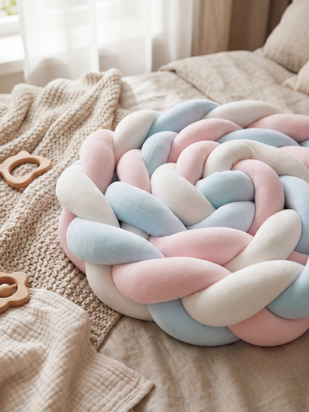 Gros plan sur un coussin tressé décoratif aux teintes douces rose, bleu et blanc, avec des jouets en bois naturels.