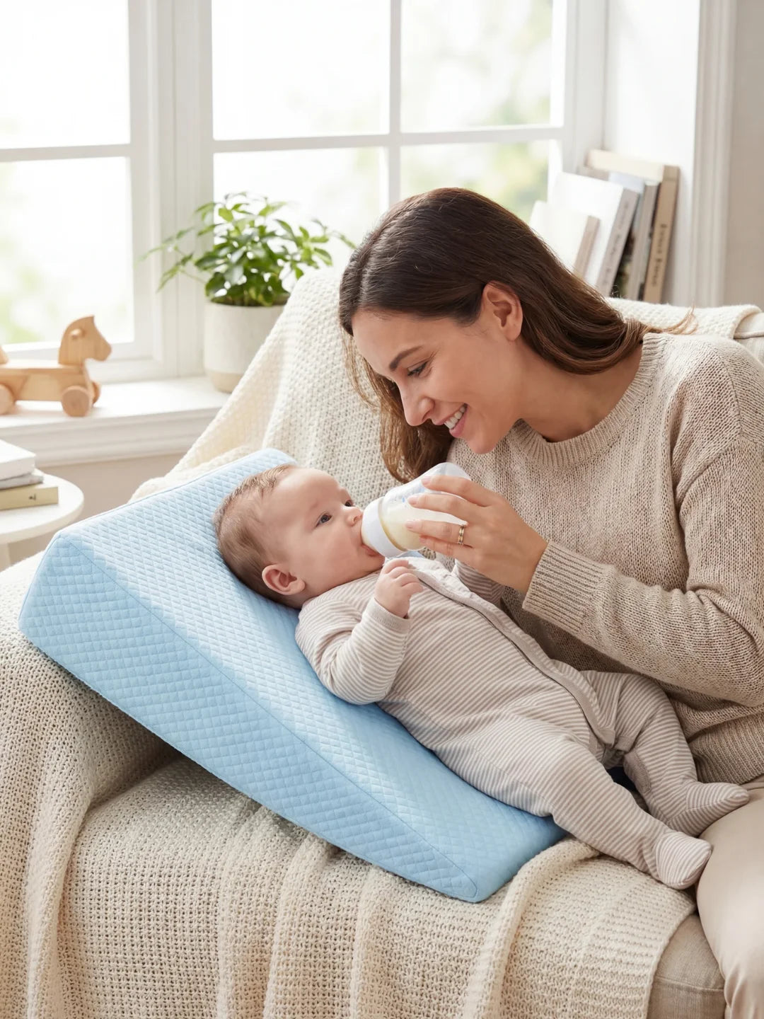 maman utilisant un coussin incliné bleu pour donner le biberon à bébé