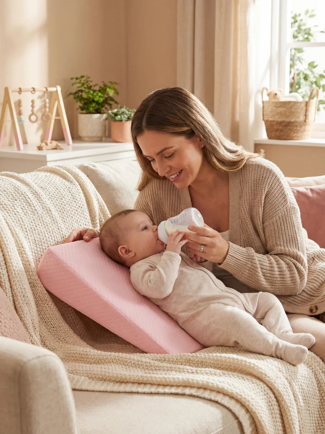 maman donnant le biberon à bébé installé sur coussin incliné rose