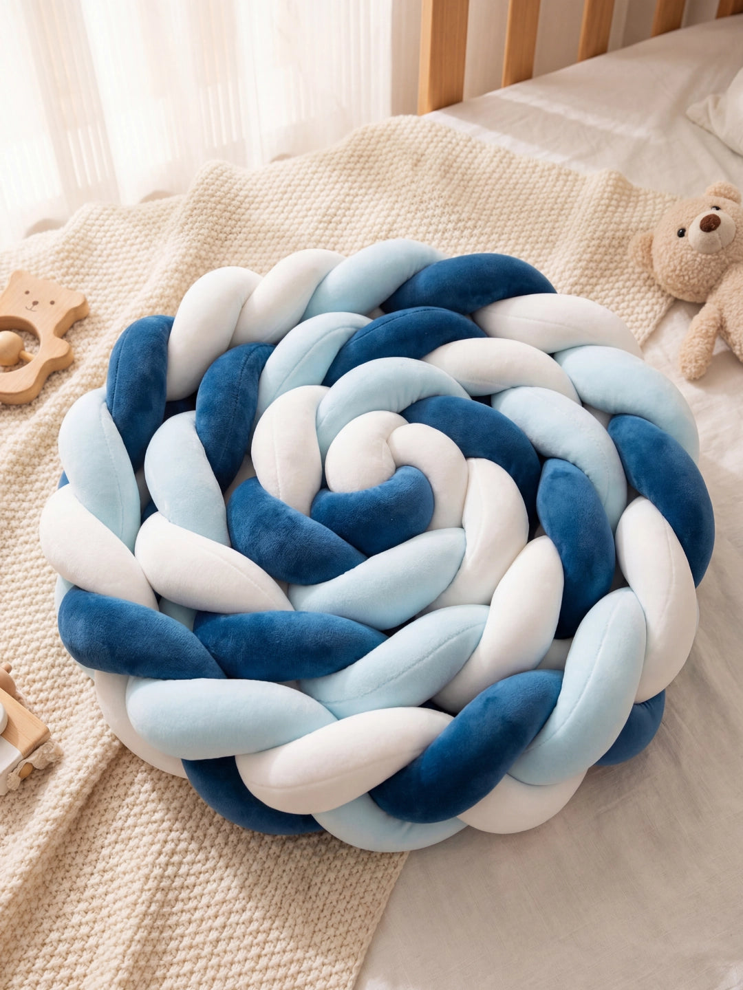 Gros plan sur un coussin nœud tressé rond aux nuances bleu marine, ciel et blanc, posé sur une couverture en maille.