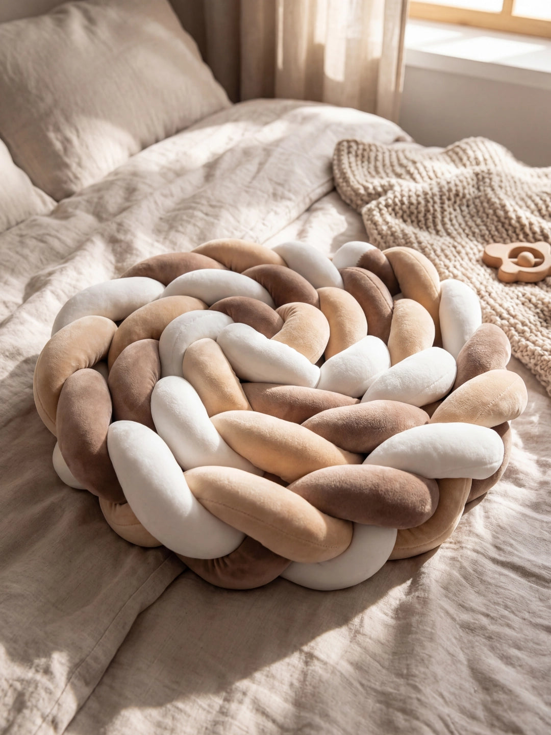 Gros plan sur un coussin nœud tressé rond aux couleurs naturelles (beige, marron, blanc) posé sur un lit.