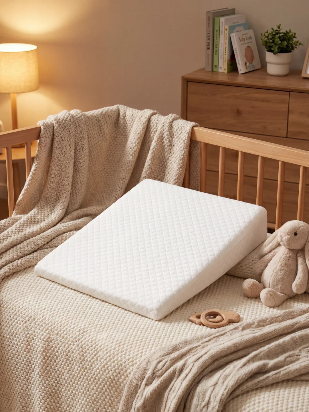 coussin plan incliné anti reflux pour bébé blanc dans lit à barreaux