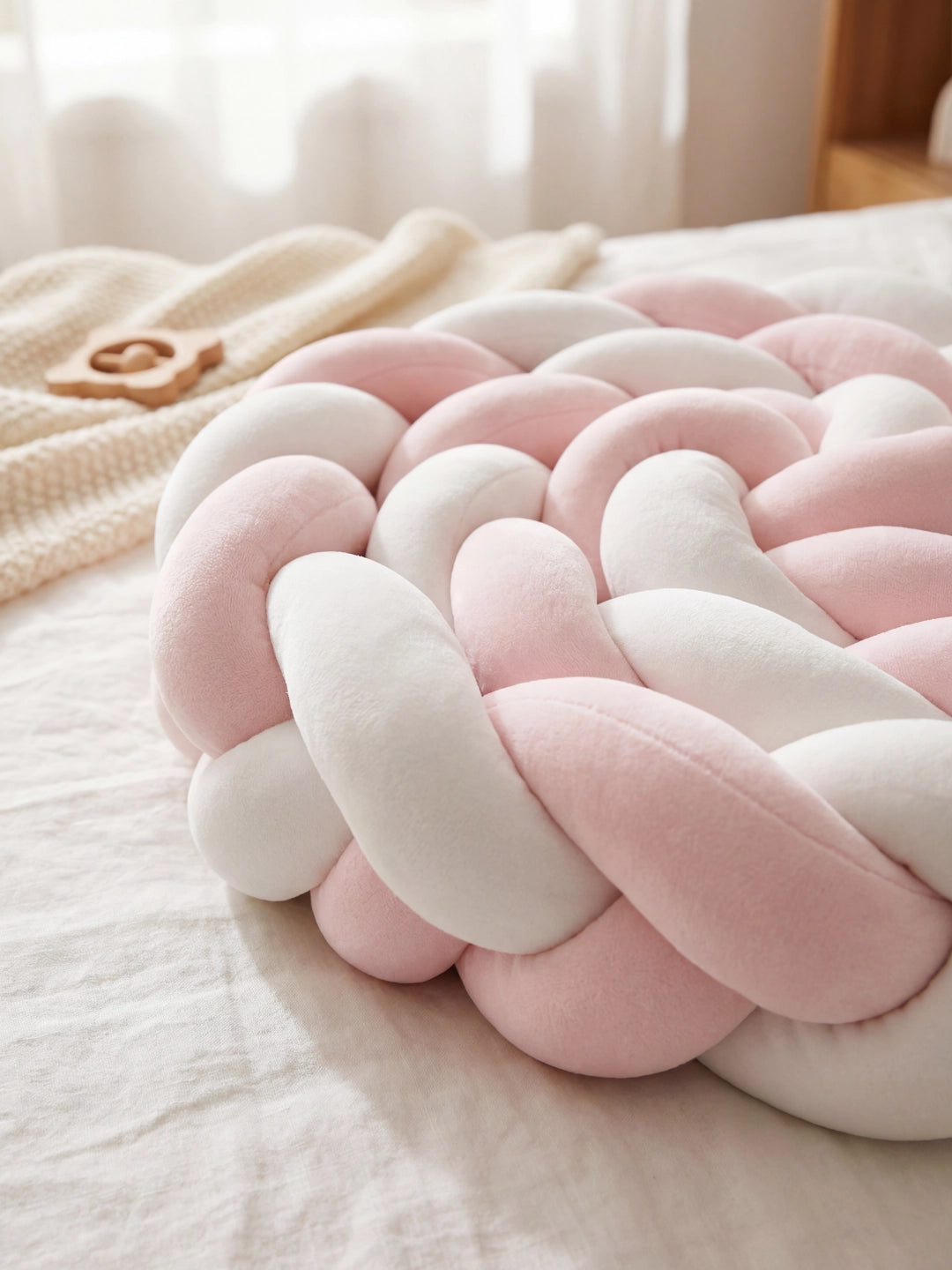 Gros plan sur la texture velours d'une tresse de lit rose et blanche enroulée en forme de coussin.