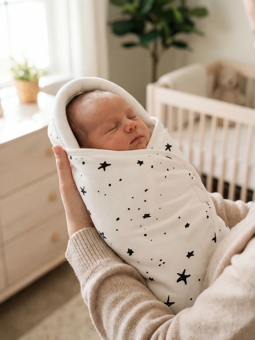 détail du tissu coton doux couverture emmaillotage motif étoiles noires