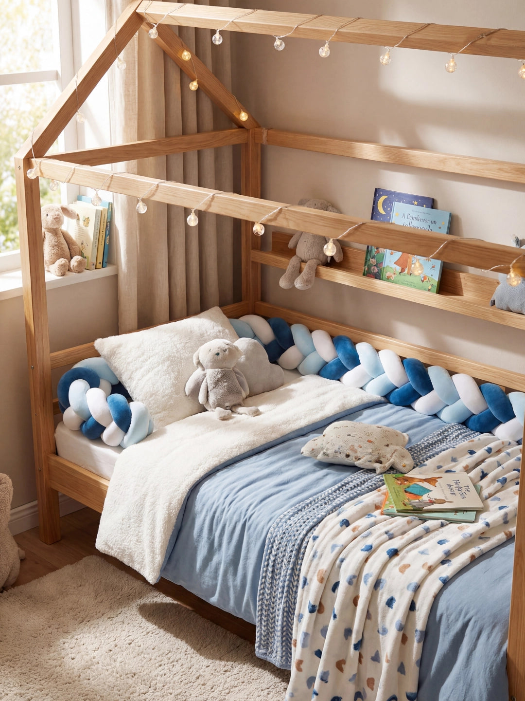 Décoration chambre garçon thème bleu avec lit cabane, livres, guirlandes et grand tour de lit tressé tricolore.