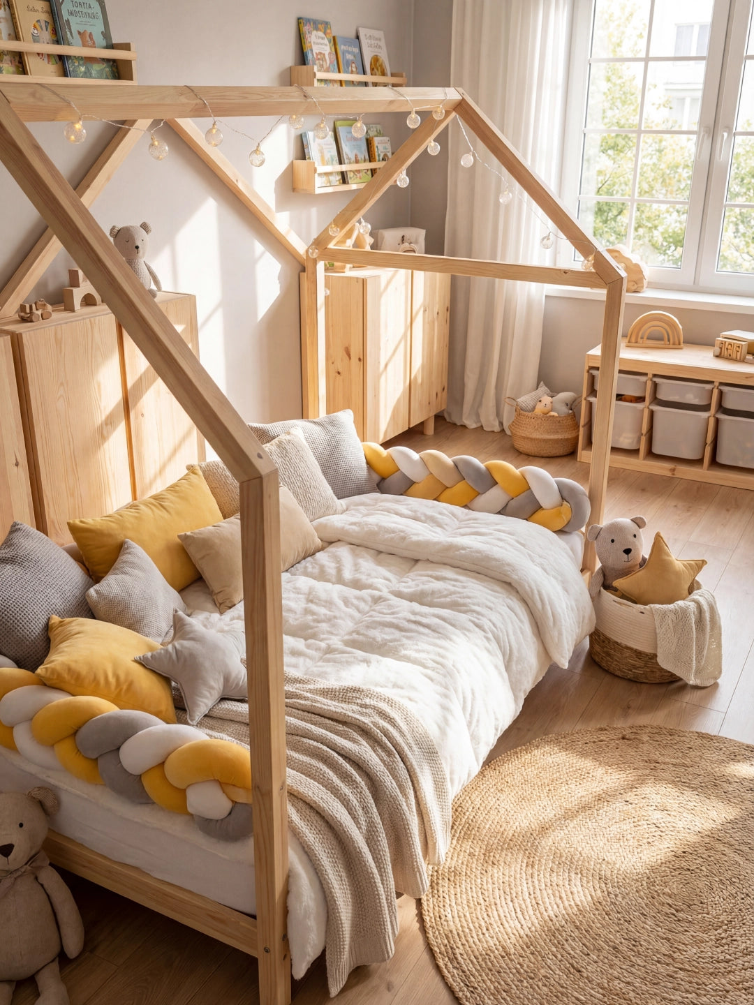 Aménagement de chambre style Montessori avec meubles en bois et une tresse de lit jaune ocre et grise.