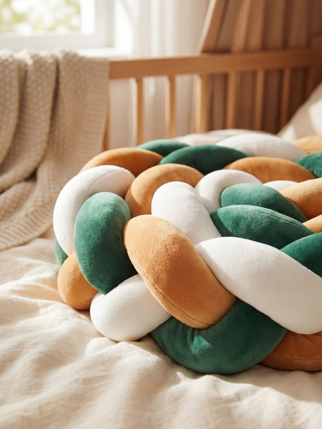 Zoom sur le tressage moelleux d'un coussin décoratif vert émeraude, ocre et blanc sur un lit enfant.