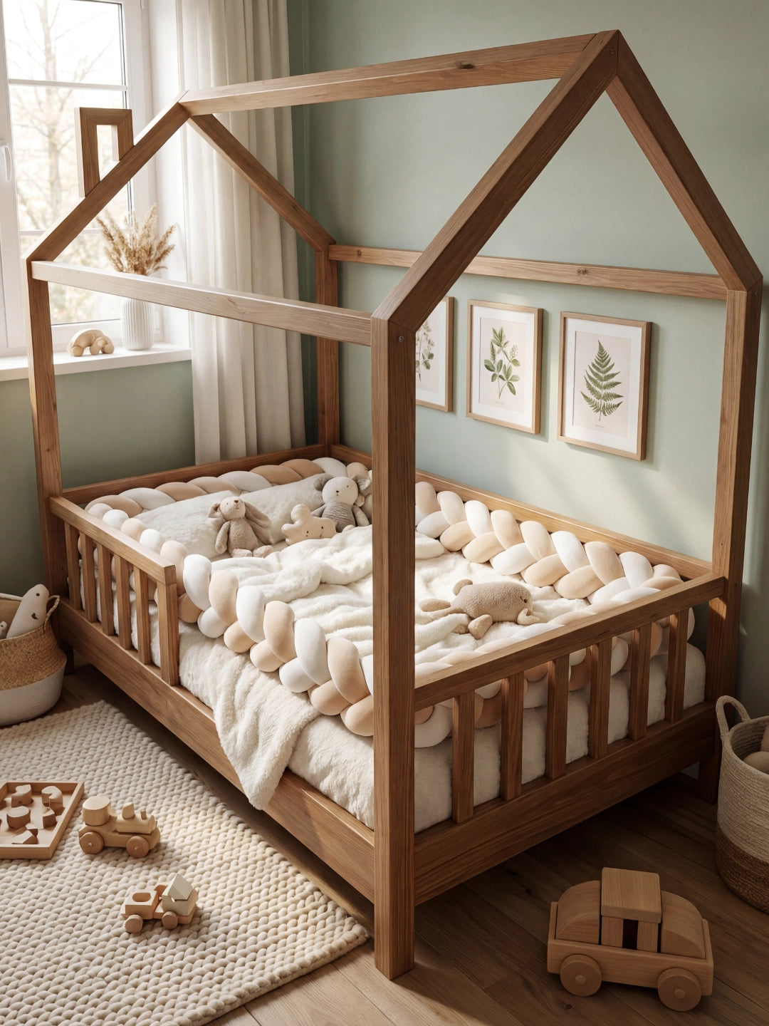Grande tresse de lit beige et blanche utilisée comme protection dans une chambre d'enfant aux tons verts et bois.