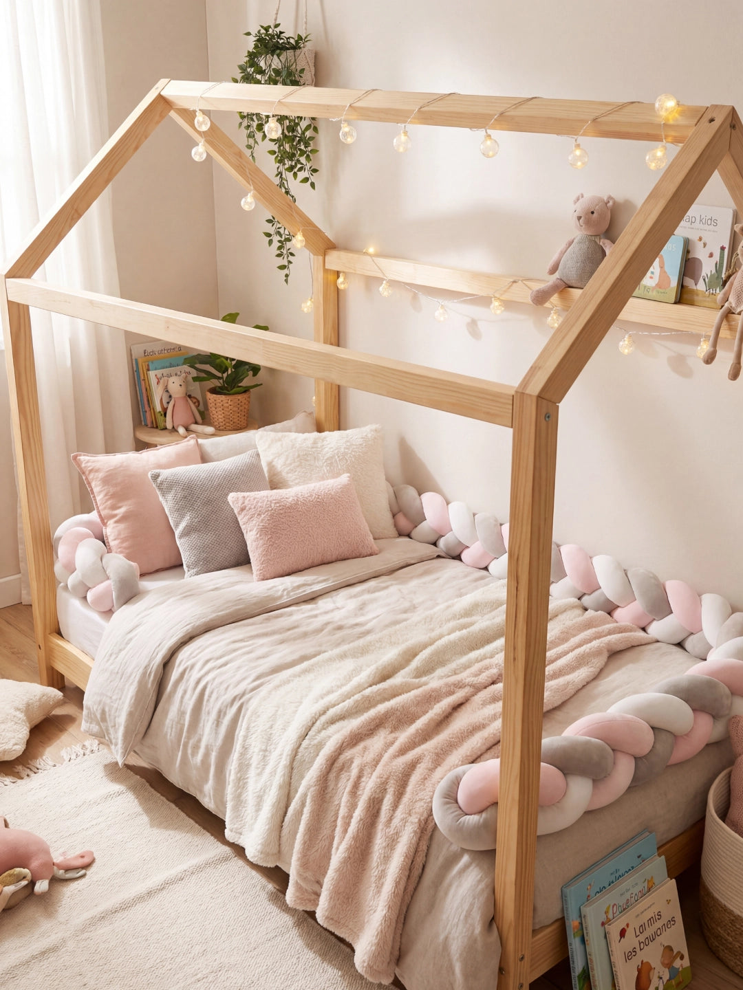 Chambre enfant ambiance cocooning avec lit cabane, coussins moelleux et tresse de lit rose et grise.