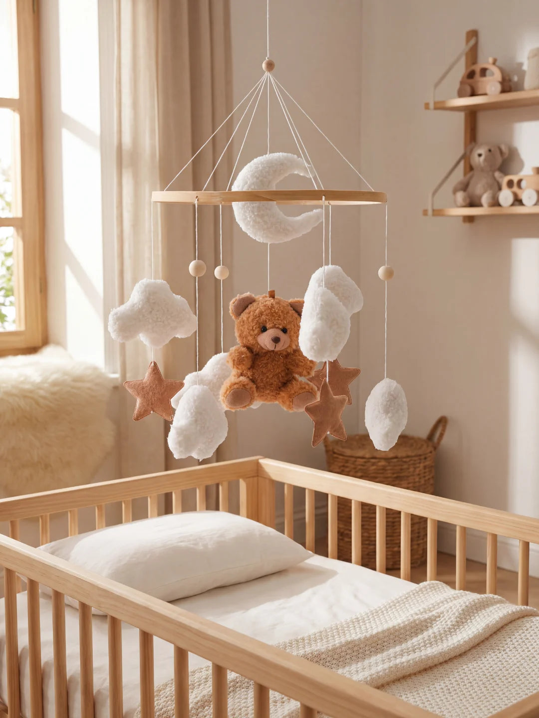 Mobile de lit bébé suspendu au-dessus d'un berceau en bois avec vue sur une fenêtre lumineuse.