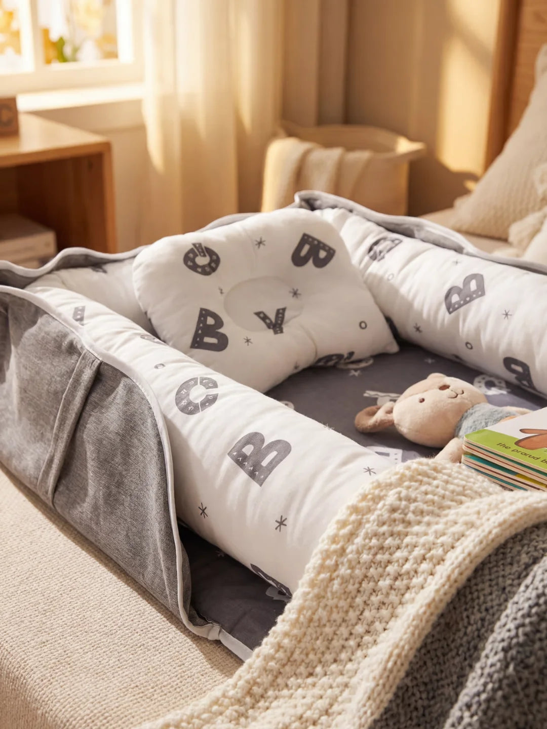 Détail du coussin anti tête plate du réducteur de lit bébé gris motif alphabet