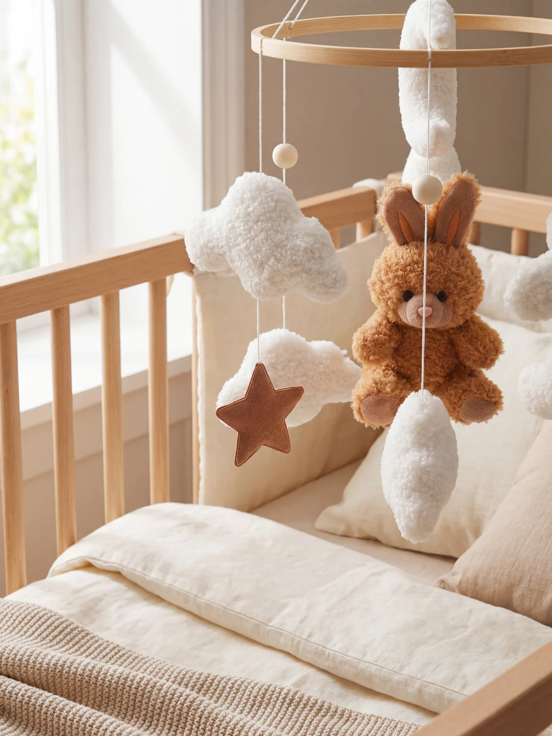 Zoom sur un lapin en peluche marron suspendu à un mobile de lit avec nuages texturés.