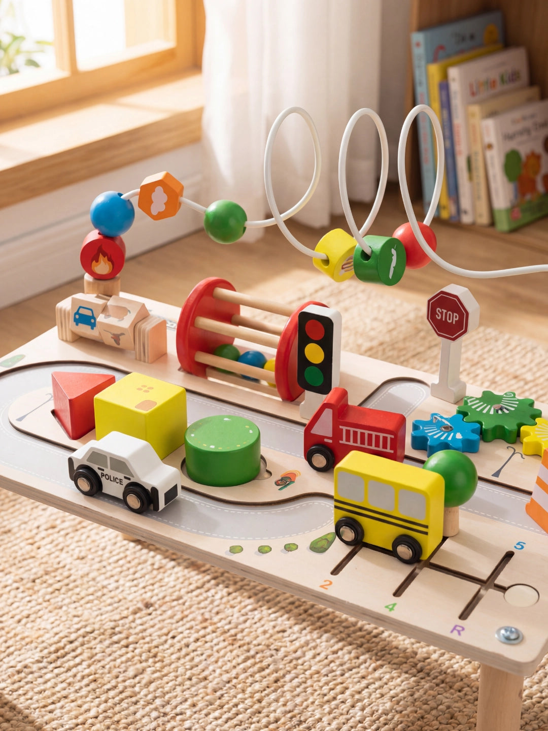 Gros plan sur le circuit routier de la table d'activité avec camion de pompier, bus scolaire et feu de signalisation.