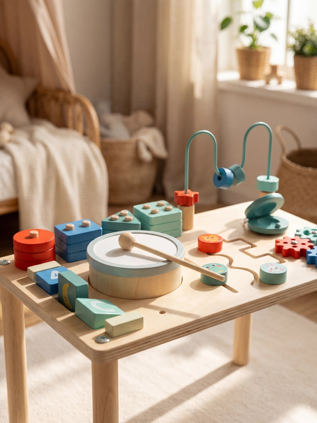 Détail de la table d'activité avec le tambour, la baguette, les engrenages et les formes colorées pour la musique.