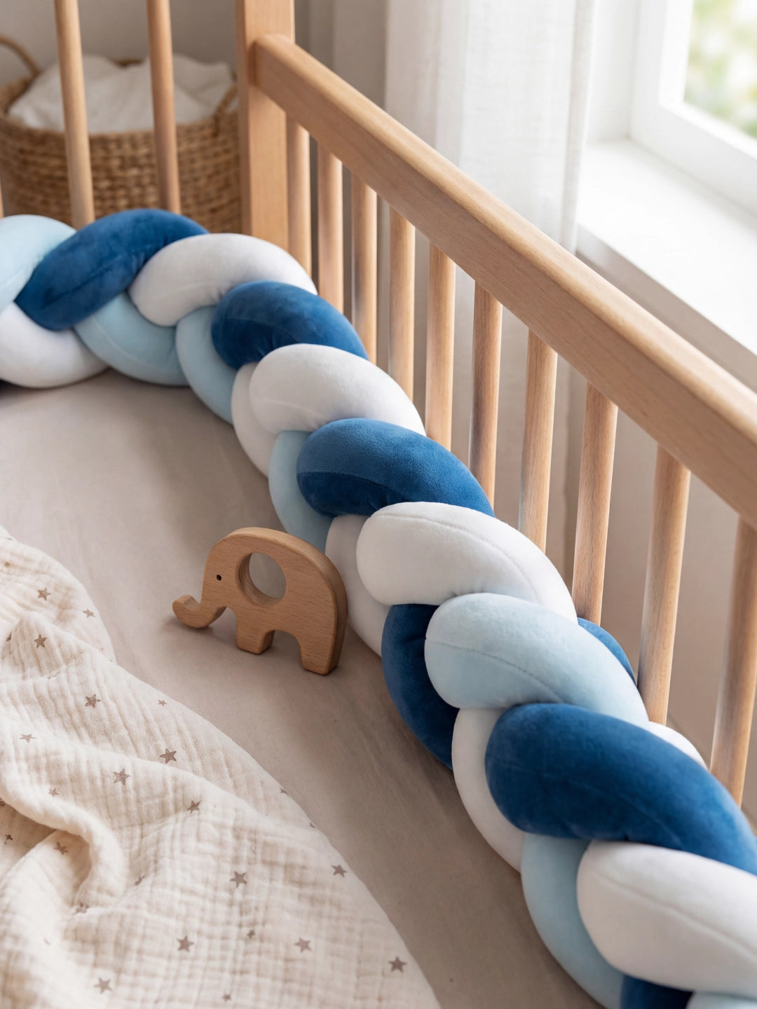 Zoom sur la texture d'une tresse de lit bleu marine et ciel protégeant les barreaux, avec un éléphant en bois.