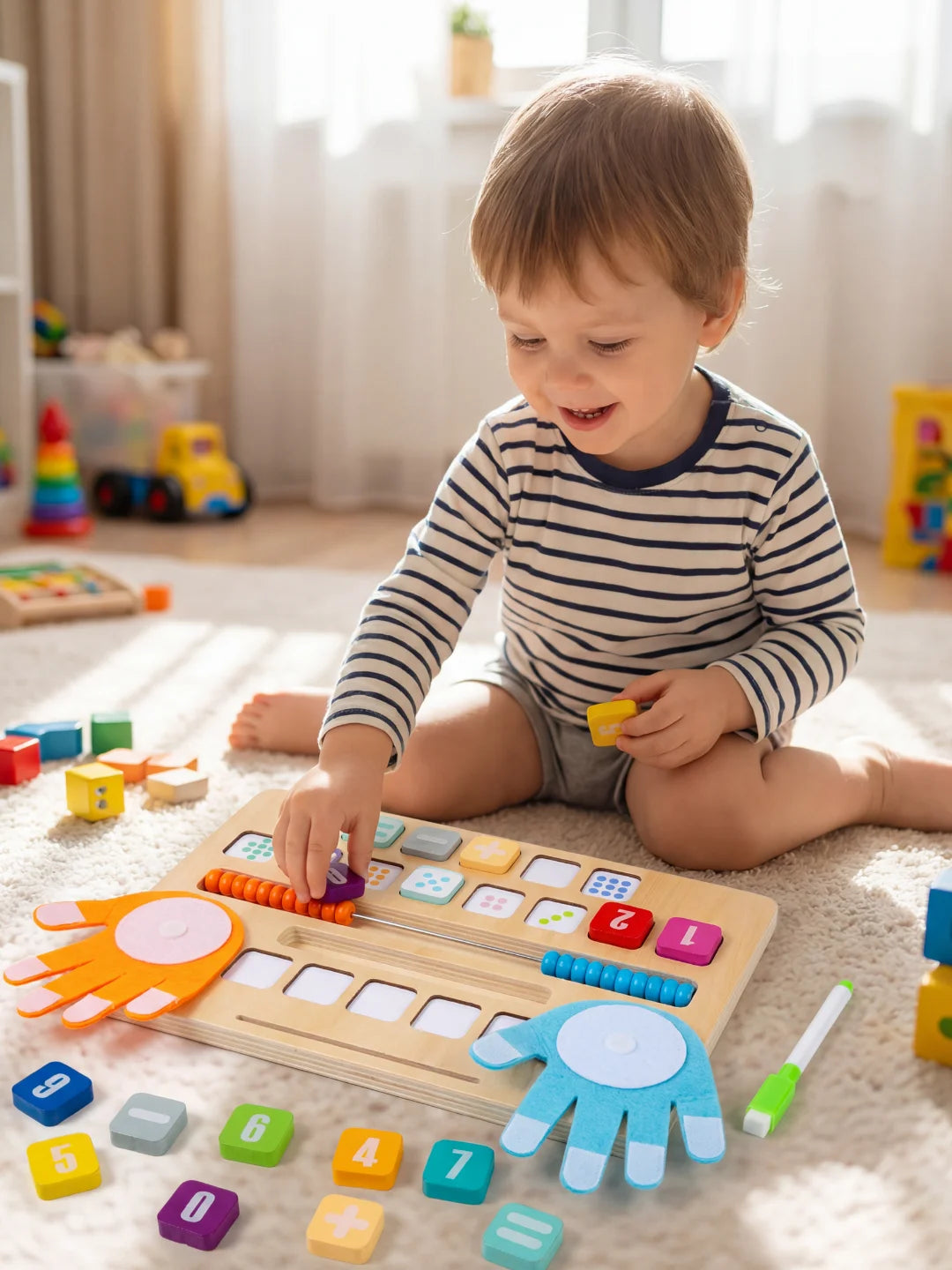 Jeune garçon utilisant la planche à calcul en bois pour apprendre les mathématiques en s'amusant.