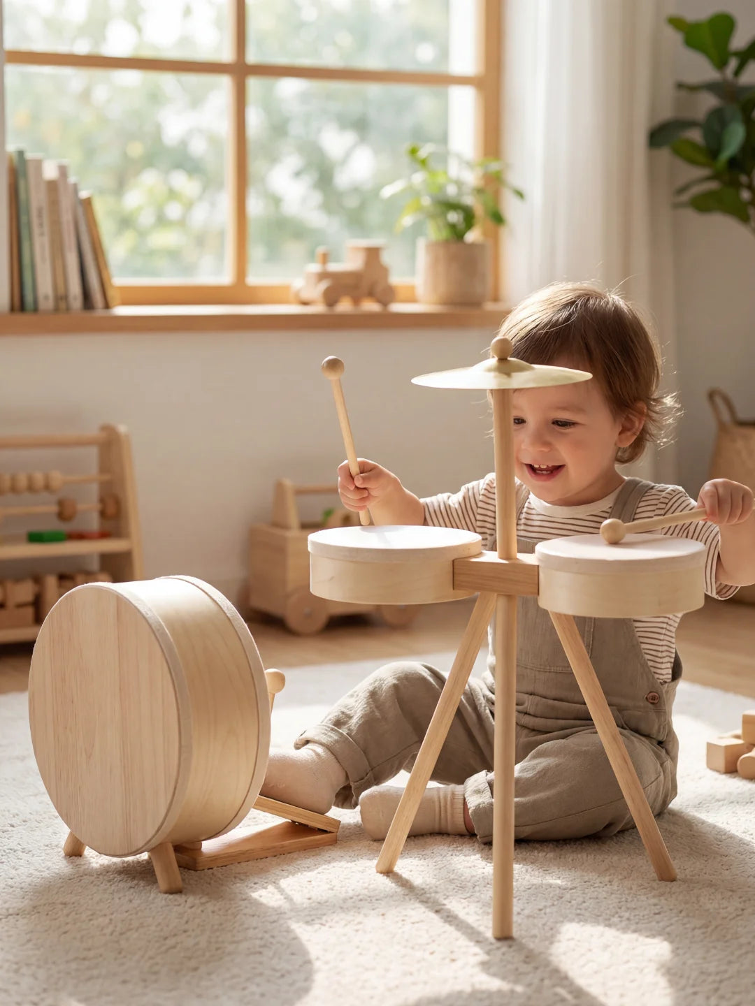 Jeune enfant assis par terre s'amusant à jouer de la batterie en bois devant une fenêtre lumineuse.