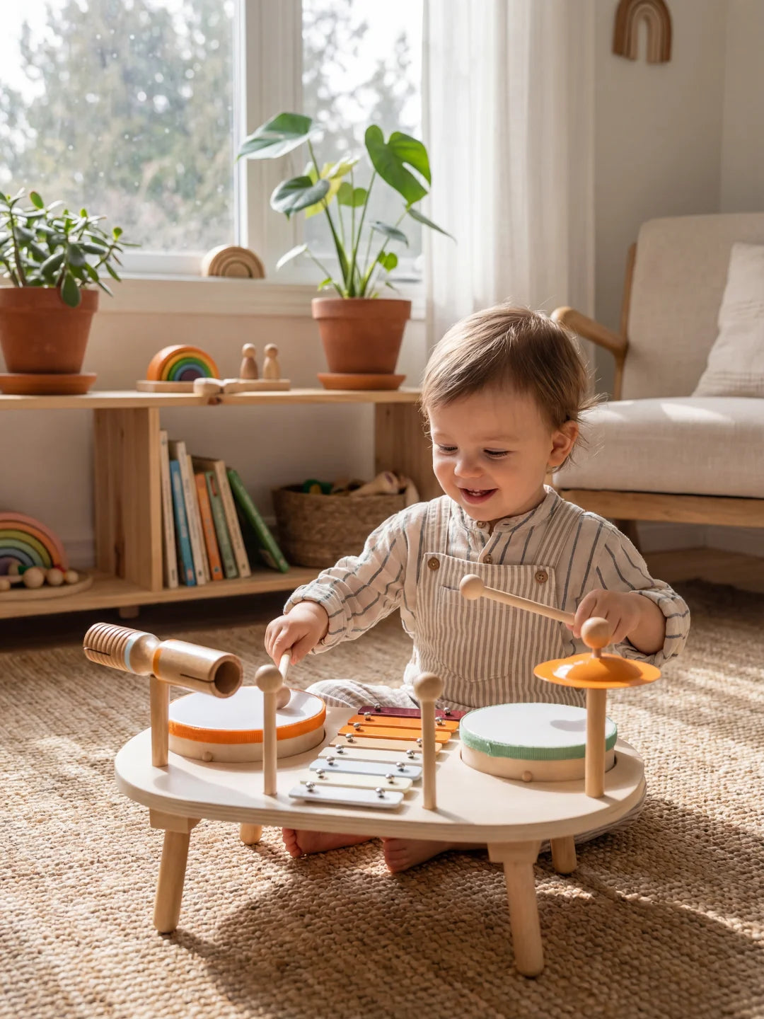 Jeune enfant s'amusant avec la table musicale en bois l'Orchestre des Petits dans un salon.