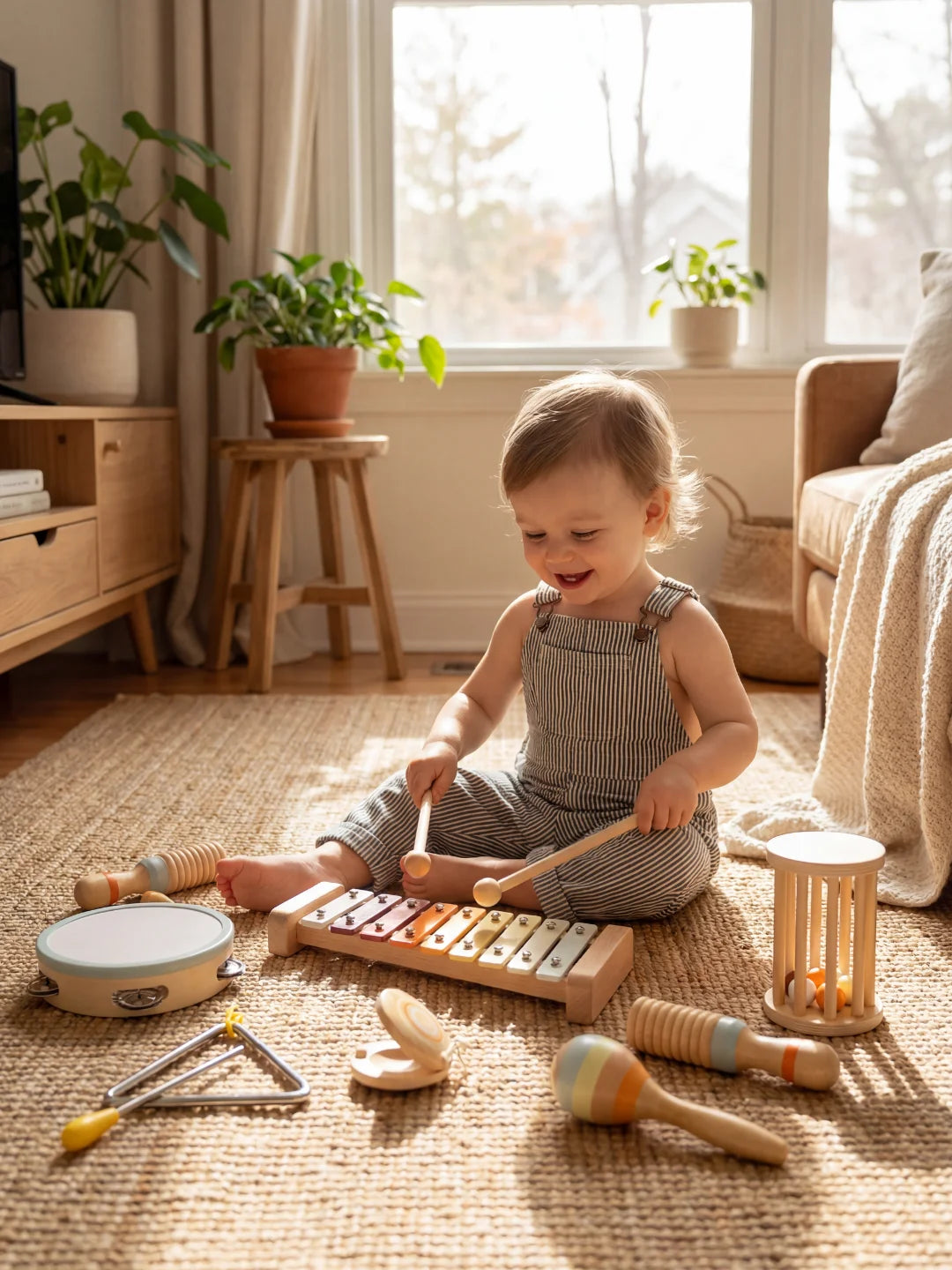 Jeune enfant s'éveillant à la musique en jouant du xylophone en bois coloré.
