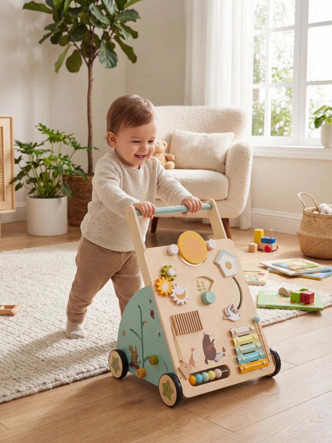 Jeune enfant souriant utilisant le chariot de marche Le P'tit Forestier dans une chambre lumineuse.