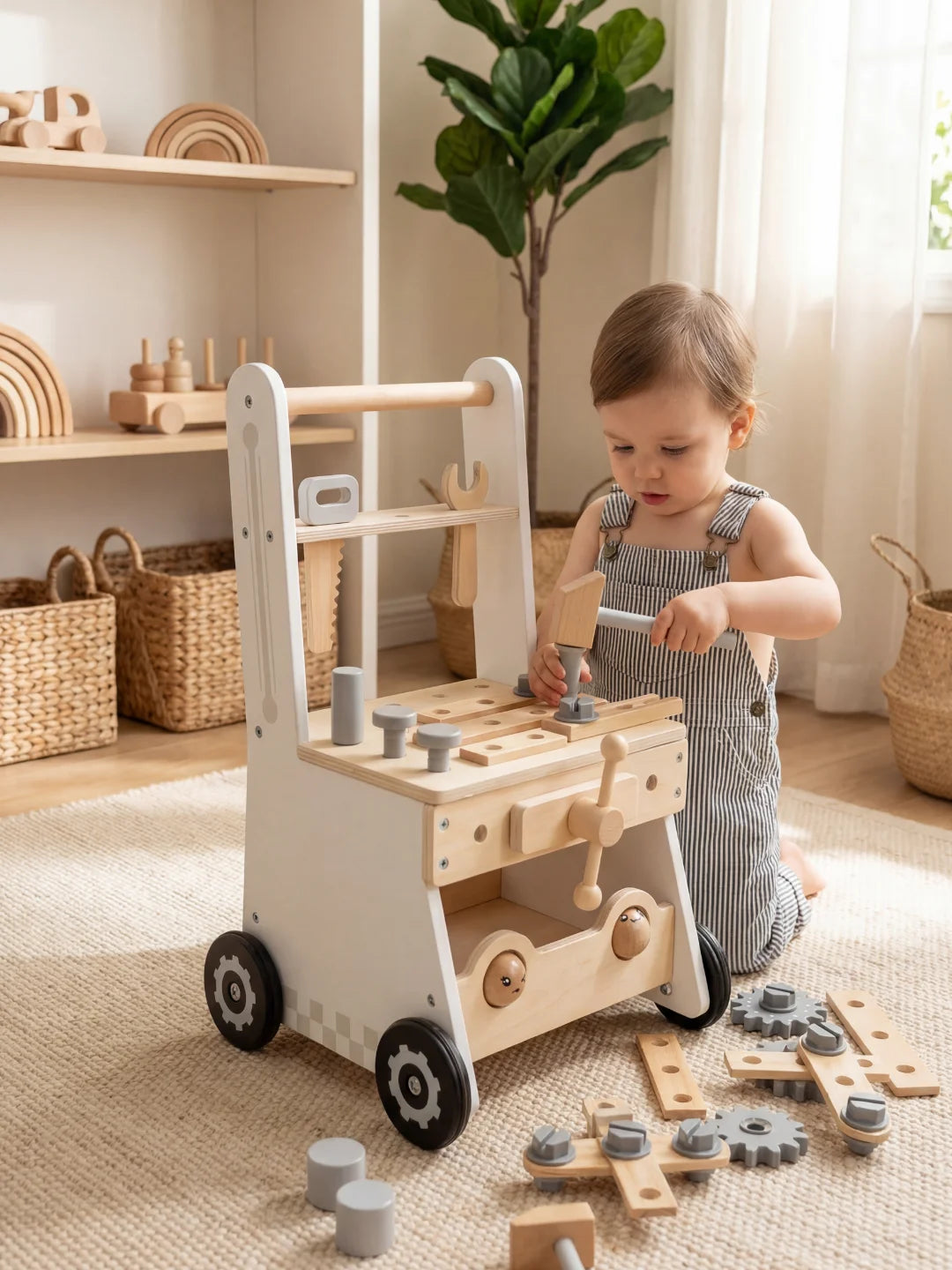 Jeune enfant assis jouant avec les outils et les pièces à assembler de l'établi Le P'tit Bricoleur.