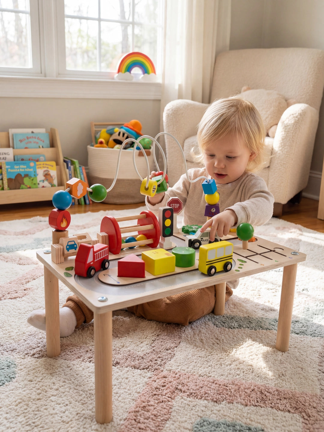 Enfant souriant jouant avec les petites voitures en bois (police, bus) sur la table d'activité circuit.