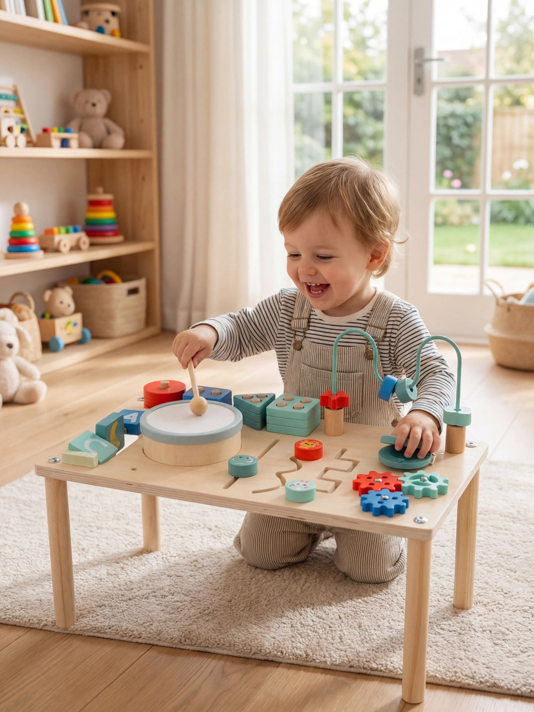 Enfant souriant frappant le tambour de la table d'activité musicale pour stimuler le développement auditif.
