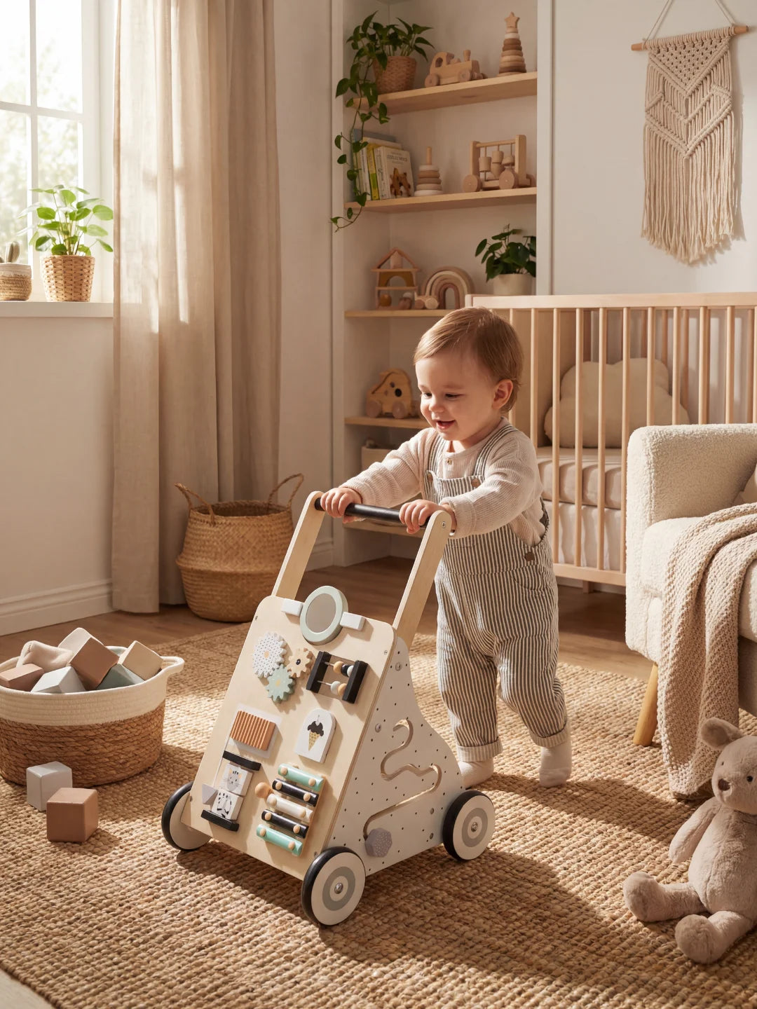 Jeune enfant utilisant le pousseur en bois Le P'tit Gourmet pour développer son équilibre.