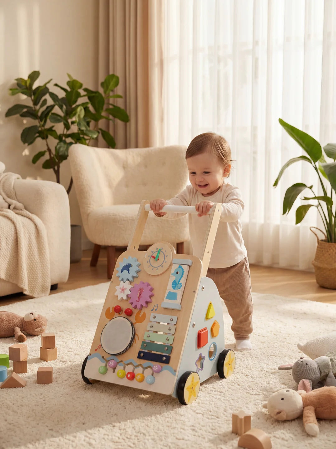 Enfant utilisant le chariot de marche stable Le P'tit Marin dans une chambre d'enfant.