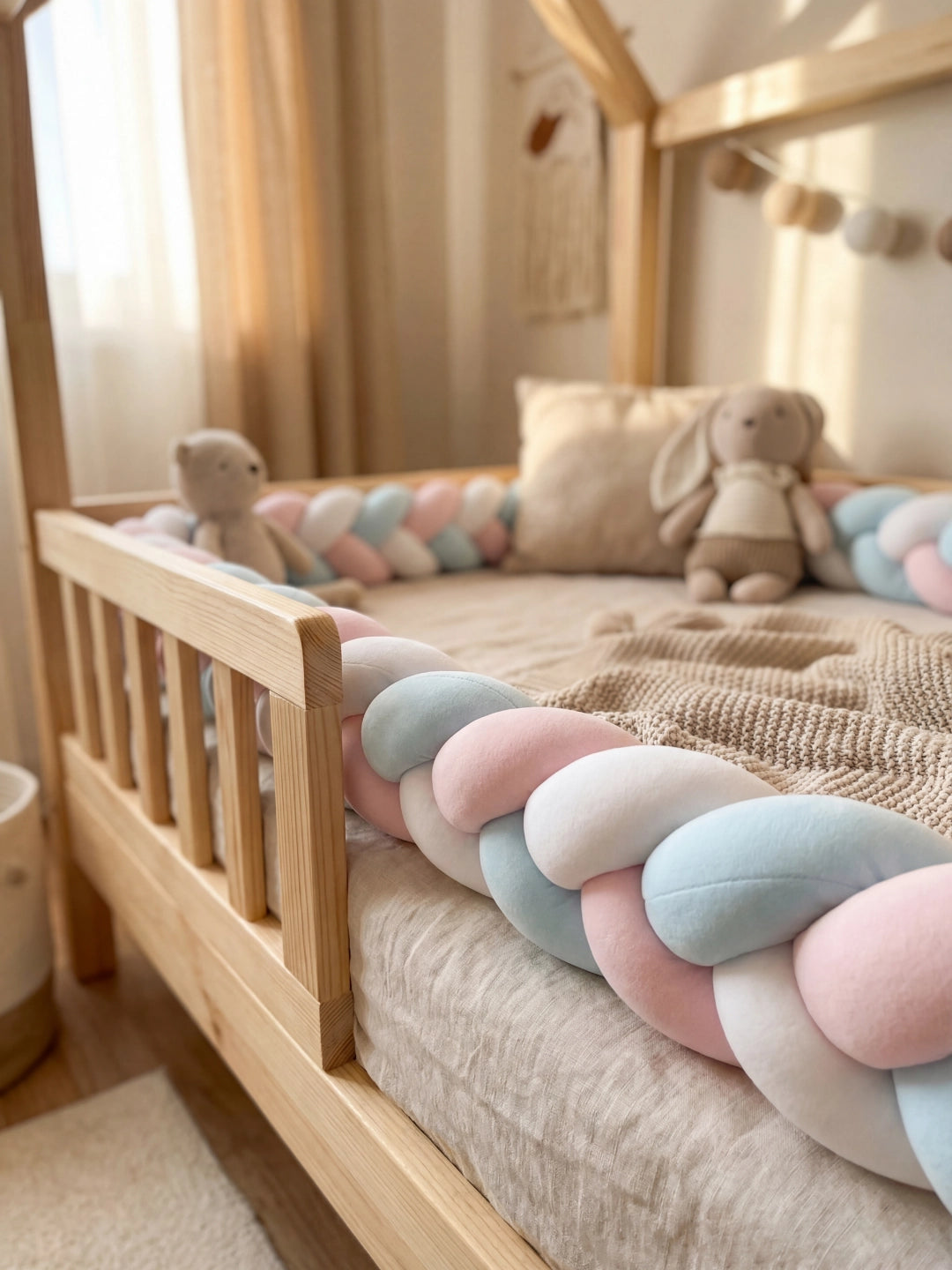 Vue rapprochée de la barrière de lit en bois protégée par une tresse en velours douce rose, bleue et blanche.
