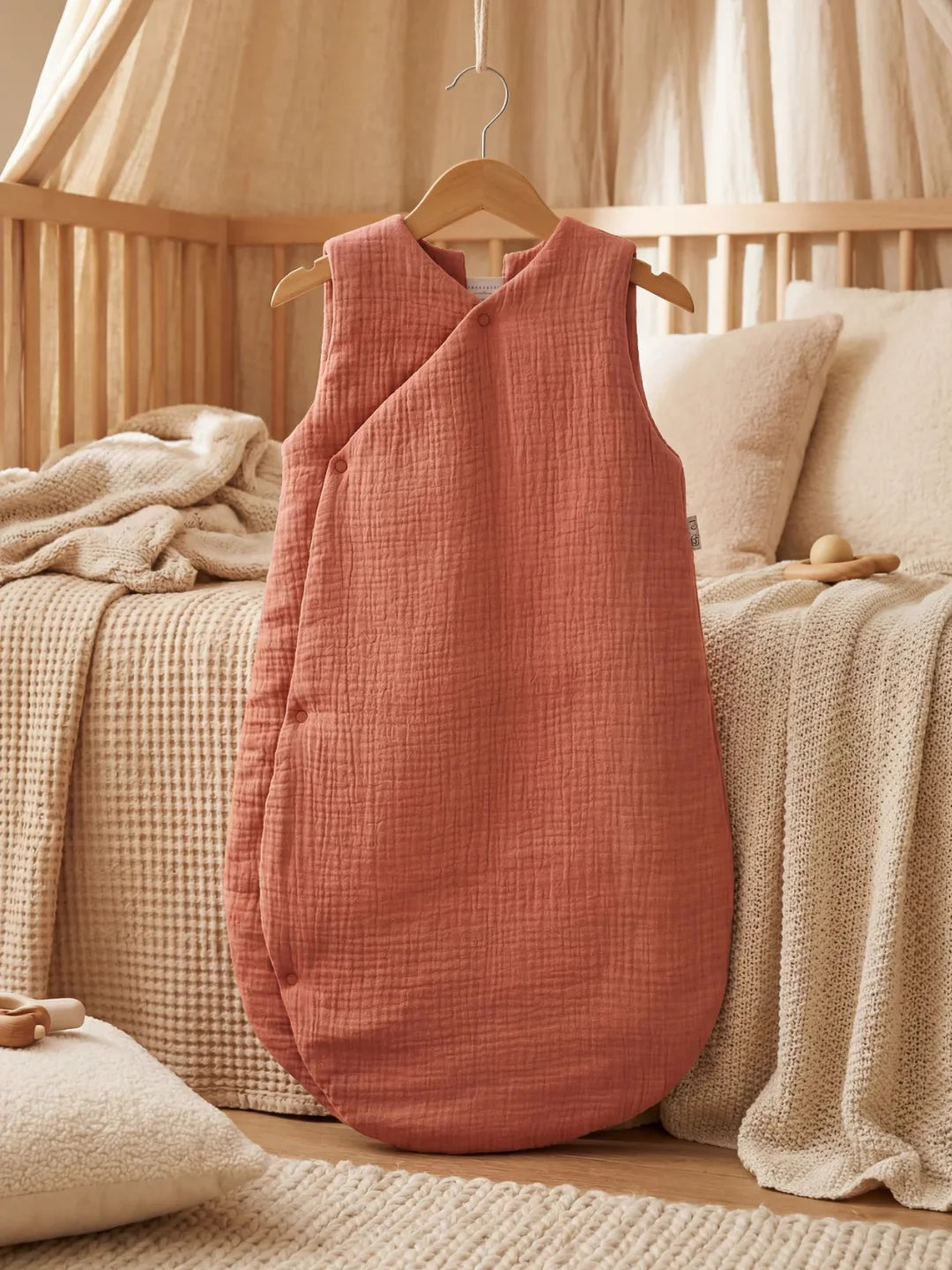 Gigoteuse bébé en gaze de coton terracotta suspendue à un cintre dans chambre