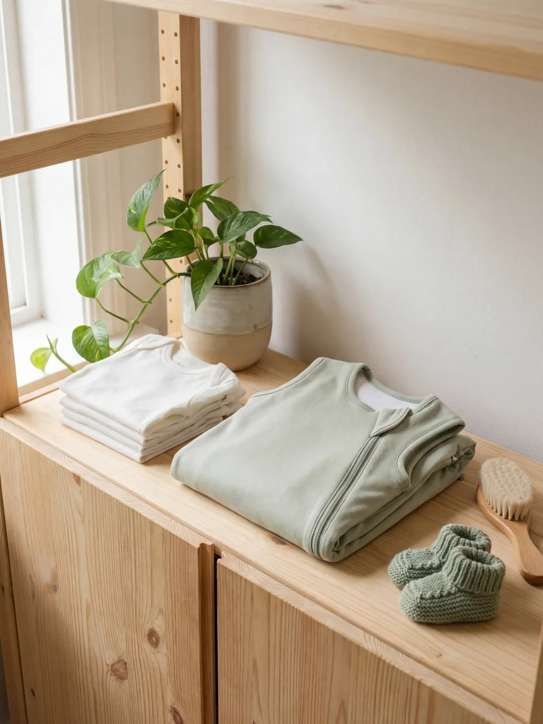 Gigoteuse bébé jersey vert sauge pliée sur étagère avec bodys et chaussons