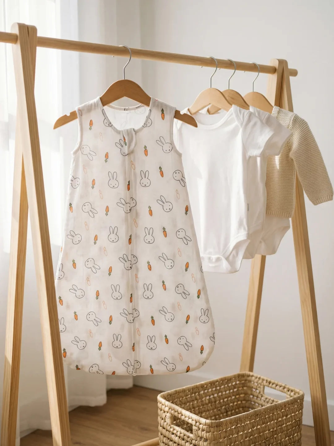 Gigoteuse bébé motif lapins et carottes suspendue sur portant avec vêtements bébé