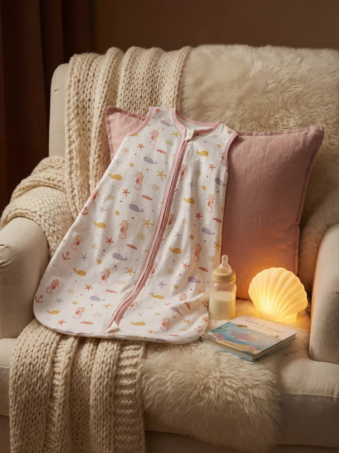 Gigoteuse bébé motif océan hippocampes posée sur fauteuil avec veilleuse coquillage