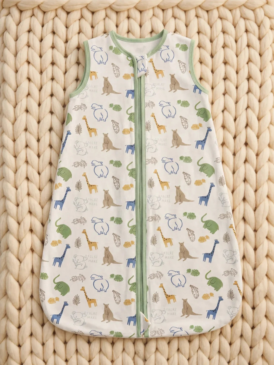 Gigoteuse bébé en coton blanc motif animaux safari bordure verte