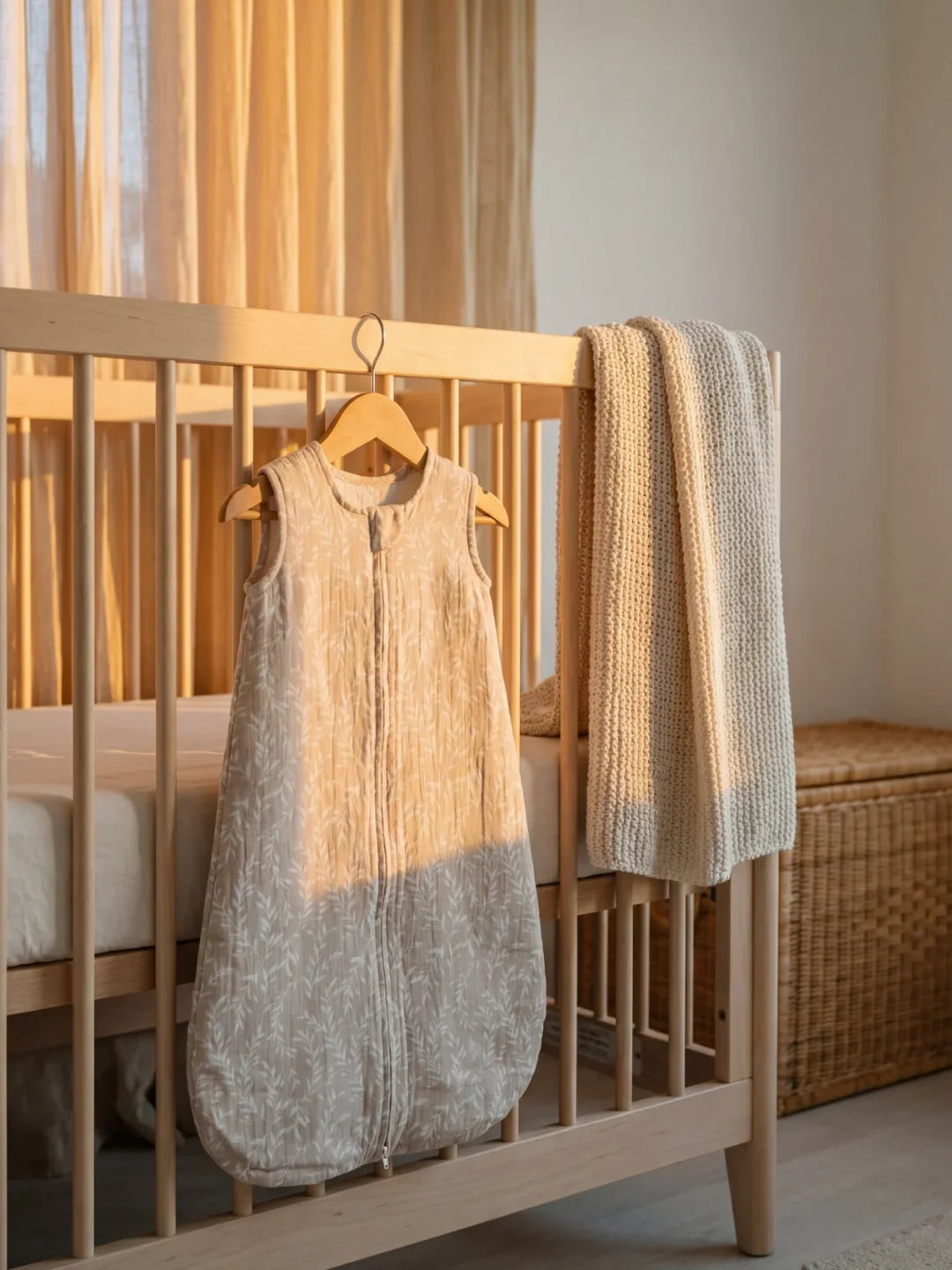 Gigoteuse bébé mousseline beige motif feuillage suspendue à un cintre sur berceau