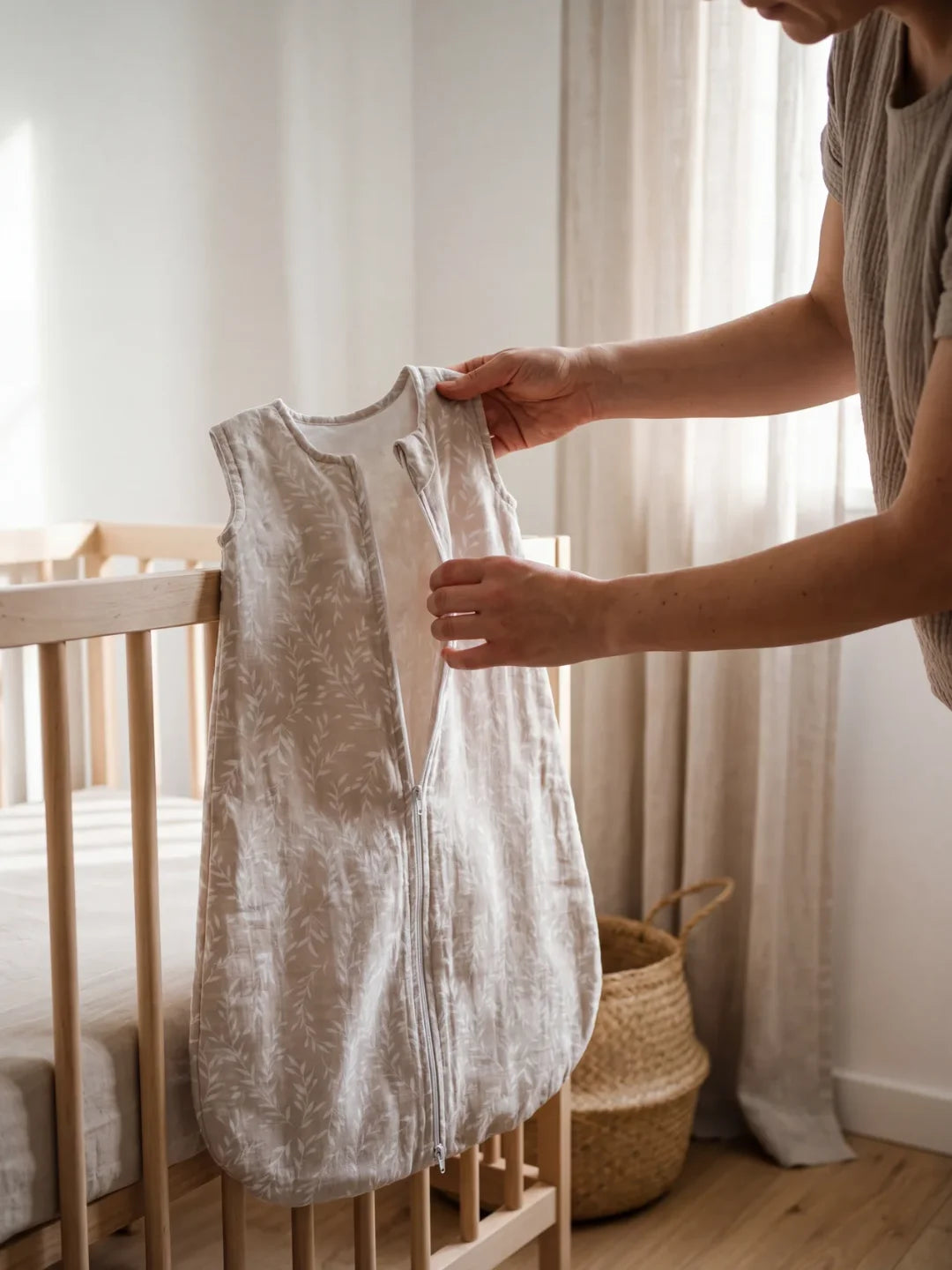 Maman tenant une gigoteuse bébé mousseline beige motif feuillage près du lit