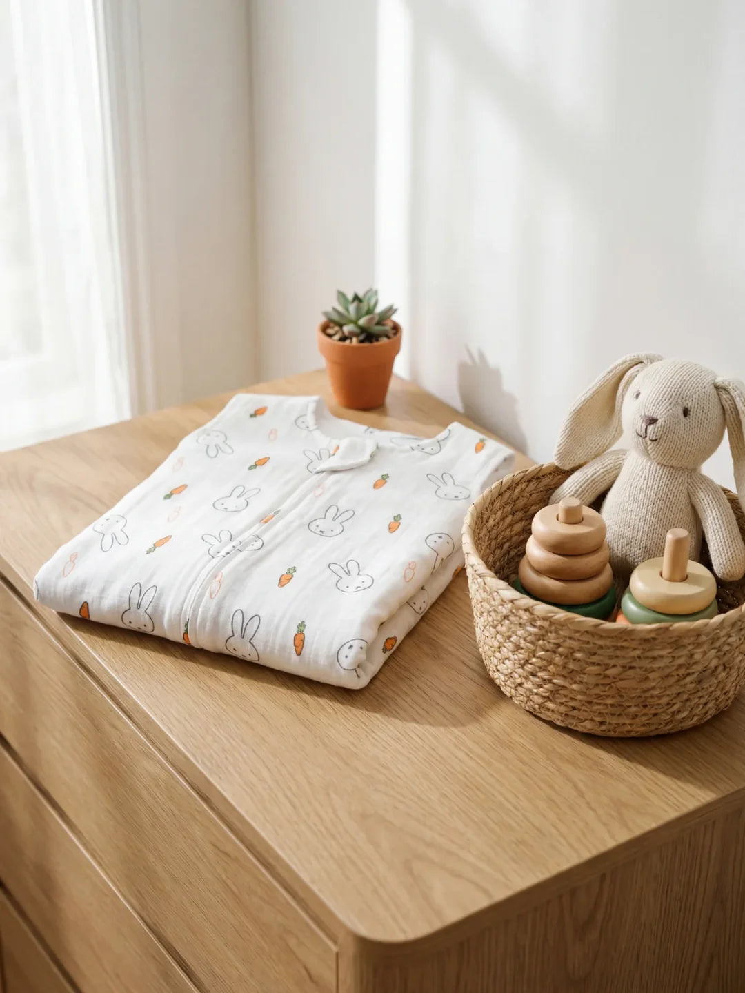Gigoteuse bébé mousseline blanche motif lapins pliée sur commode avec jouets