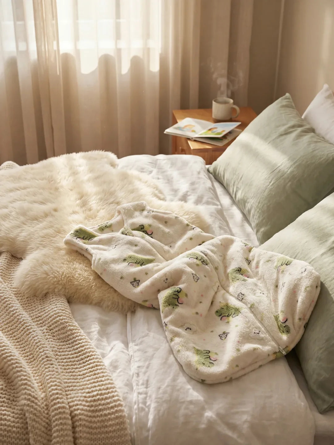 Gigoteuse bébé polaire blanche motif dinosaures posée sur lit avec coussins verts