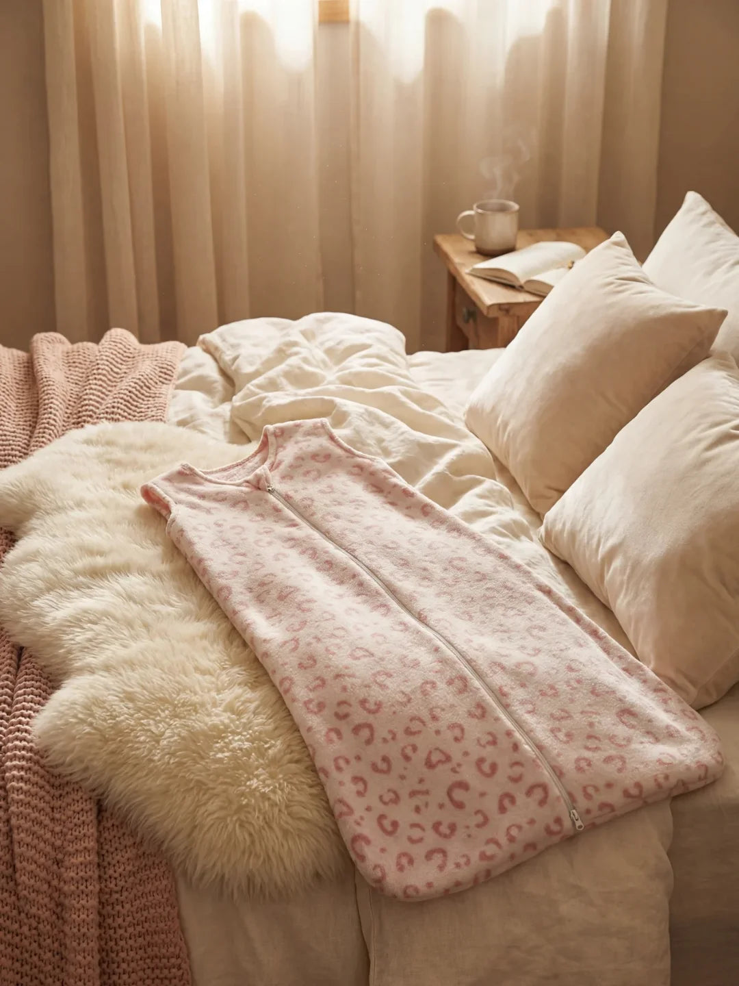 Gigoteuse bébé polaire rose motif léopard posée sur lit cosy avec coussins