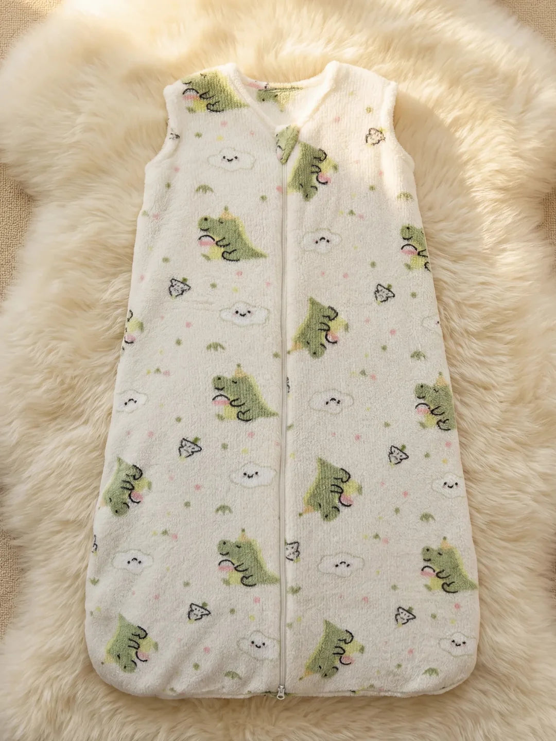Gigoteuse bébé en polaire blanche motif dinosaures verts avec fermeture éclair