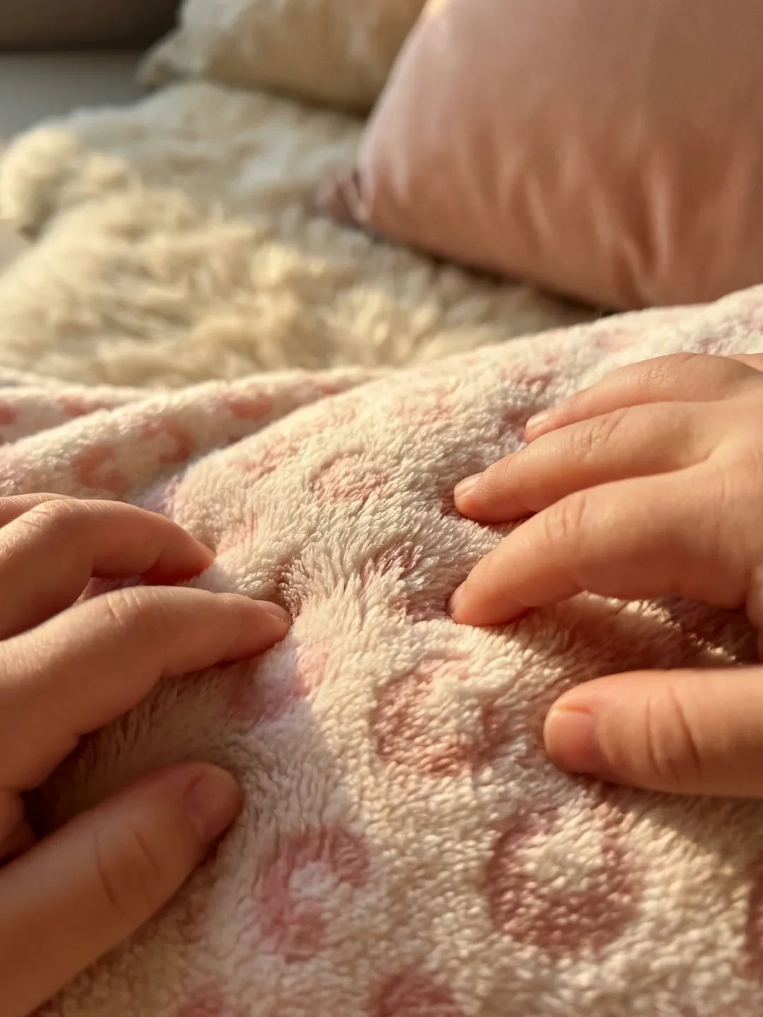 Détail des mains de bébé sur la texture polaire douce de la gigoteuse léopard rose