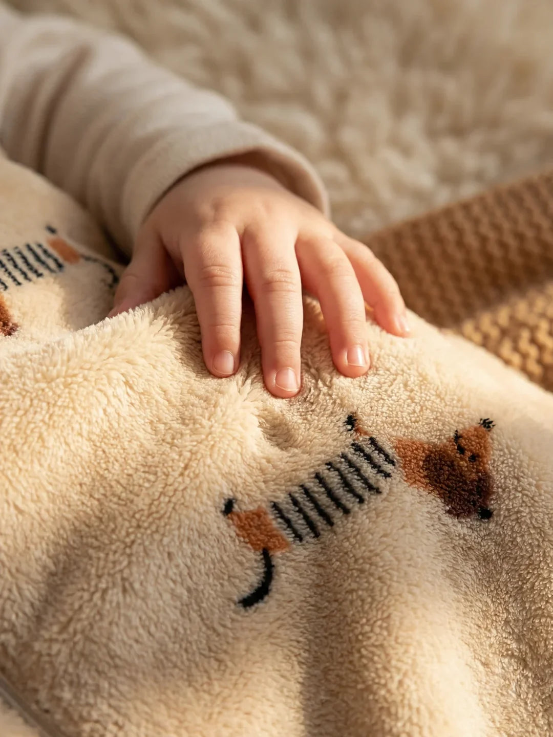 Détail de la main de bébé sur la texture polaire de la gigoteuse motif teckels