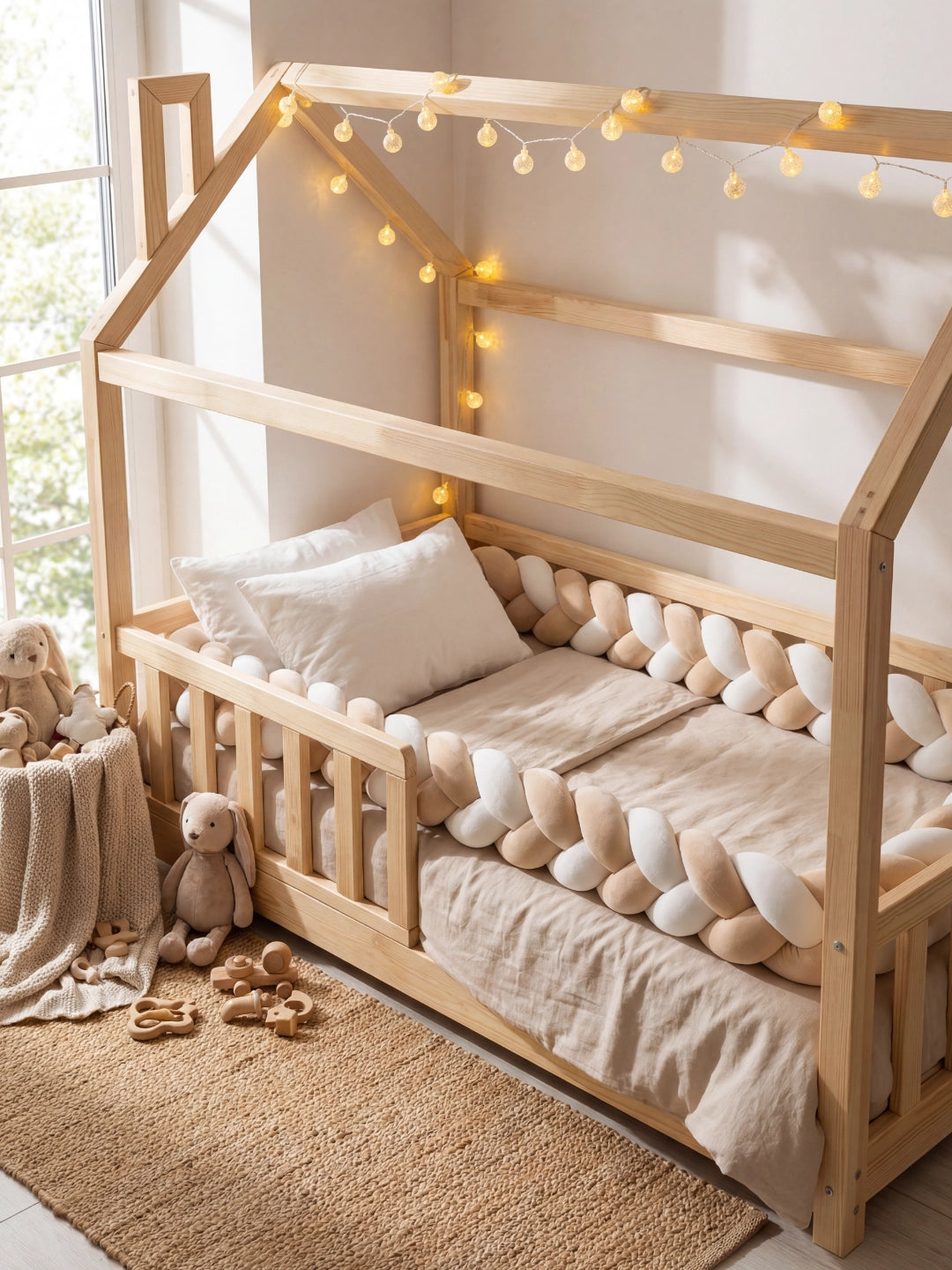 Long contour de lit tressé couleur sable et blanc sécurisant tout le pourtour d'un lit au sol