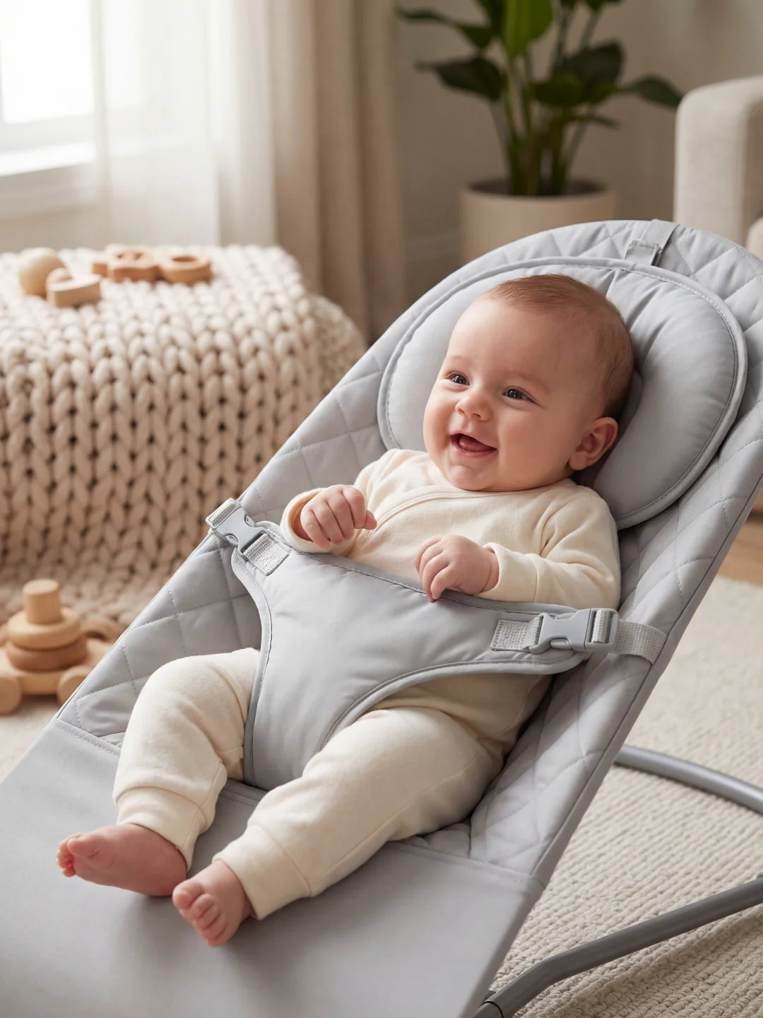 Détail du système de sécurité et du harnais trois points sur un transat pour bébé matelassé gris.