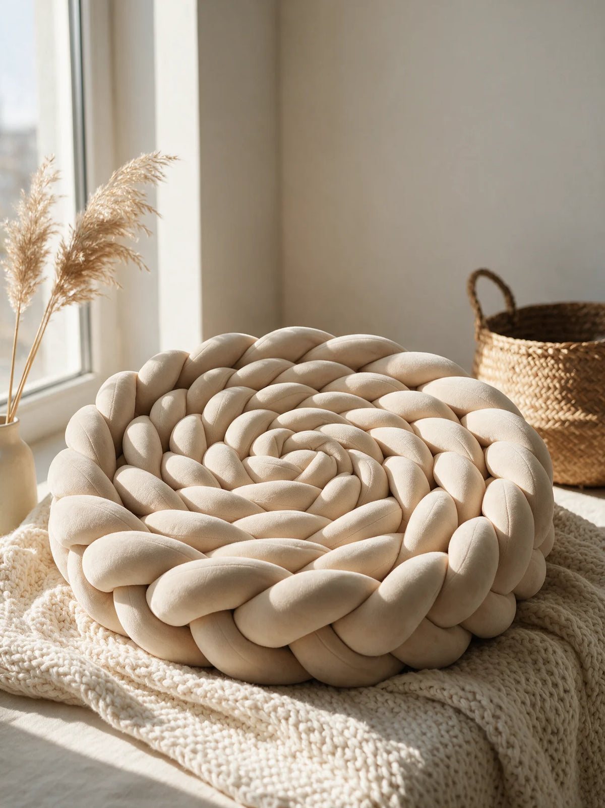 Tresse de lit 3 brins beige enroulée en spirale dans une chambre bébé cosy