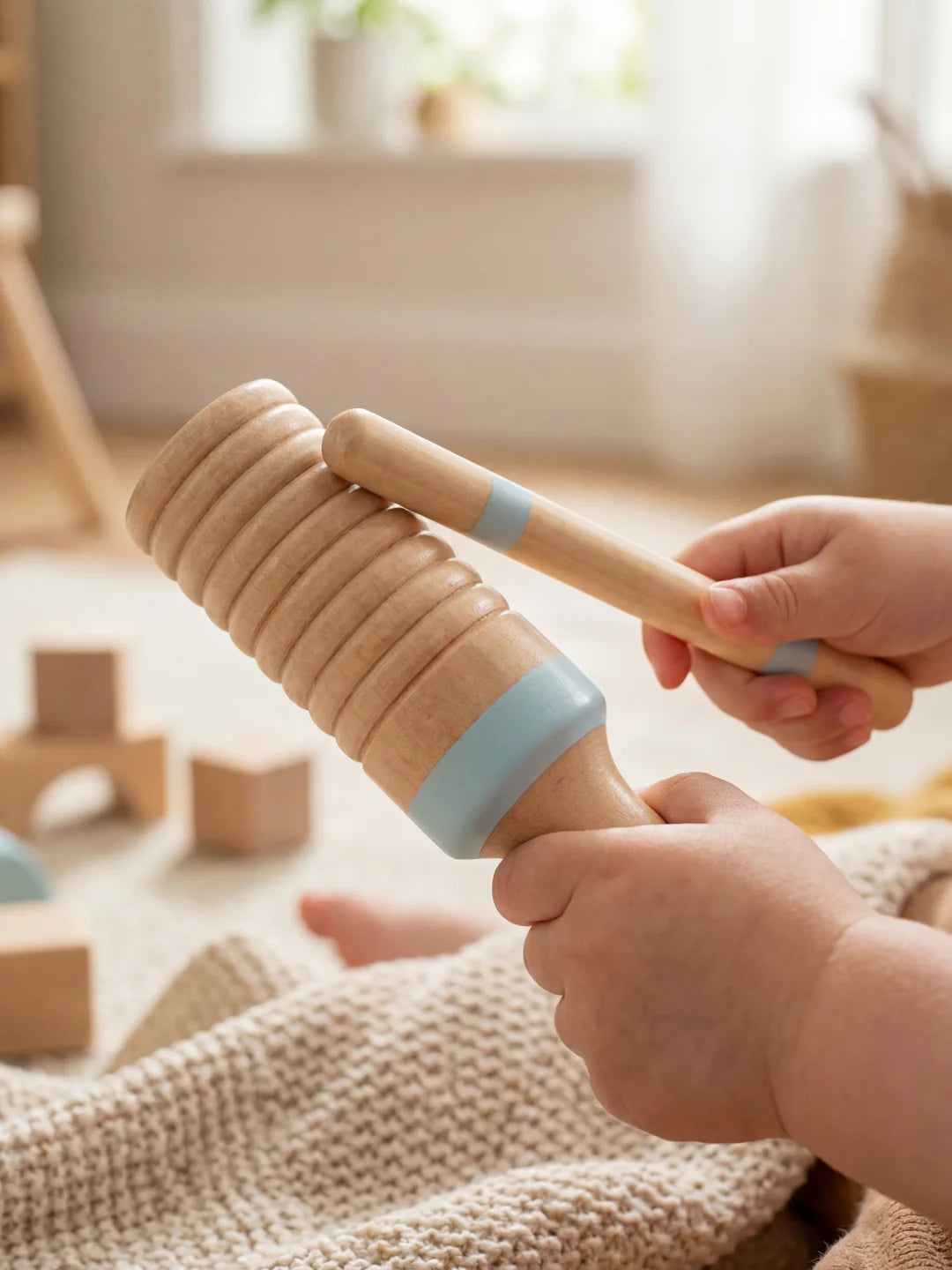 Enfant utilisant le bâton pour jouer du guiro en bois, instrument de percussion rythmique.