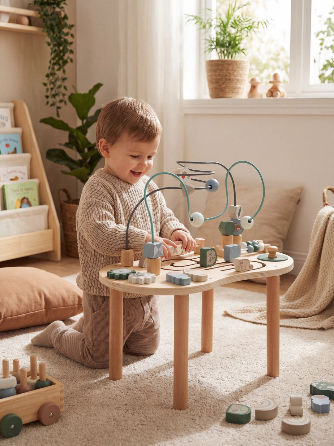 Jeune enfant souriant jouant avec la table d'activité en bois et les blocs sensoriels.